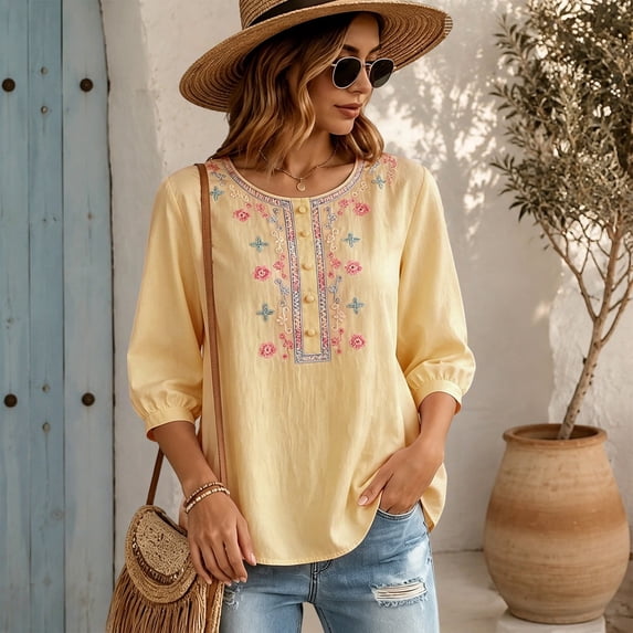 Women's Round Neck Embroidered Blouse 5/4 Sleeve Casual Loose Shirt