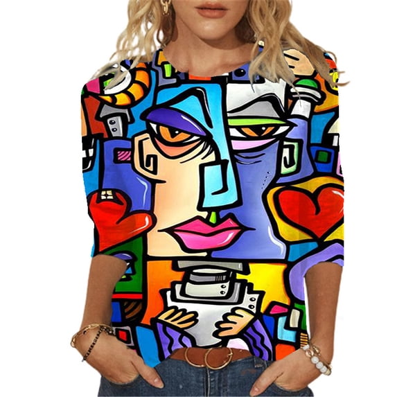 Women's Round Neck Floral Long Sleeve Top Loose T-ShirtRed Size S