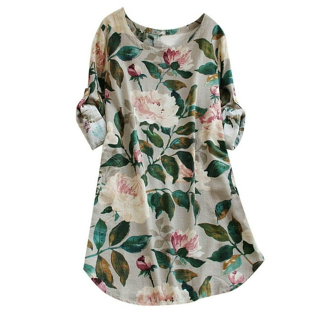 Women's Round Neck Floral Print Comfortable Loose Long Sleeved Dress