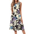 thumbnail image 1 of Women's Round Neck Floral Print Midi Dress Sleeveless Casual Summer Dress with Contrast Sash Belt and Side Pockets for Farmers Markets,Beige L, 1 of 5