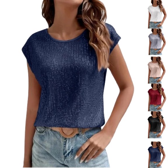 Women's Round Neck Glitter Sequins Shirts Top Casual Cap Sleeve Party Tee Tops,Royal Blue M