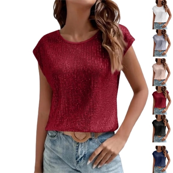 Women's Round Neck Glitter Sequins Shirts Top Casual Cap Sleeve Party Tee Tops,Wine L
