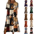 thumbnail image 1 of Women's Round Neck Halloween Patchwork Print Dress with Pockets Short Sleeve Loose Midi Dress Casual Fall Outfit for Daily Wear Black L, 1 of 6