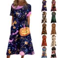 thumbnail image 1 of Women's Round Neck Halloween Patchwork Print Dress with Pockets Short Sleeve Loose Midi Dress Casual Fall Outfit for Daily Wear Purple S, 1 of 6