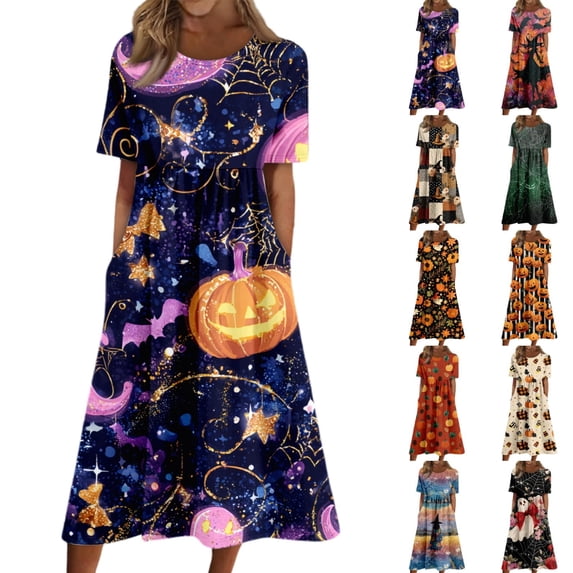 Women's Round Neck Halloween Patchwork Print Dress with Pockets Short Sleeve Loose Midi Dress Casual Fall Outfit for Daily Wear Purple S