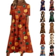 thumbnail image 1 of Women's Round Neck Halloween Patchwork Print Dress with Pockets Short Sleeve Loose Midi Dress Casual Fall Outfit for Daily Wear Saffron M, 1 of 6