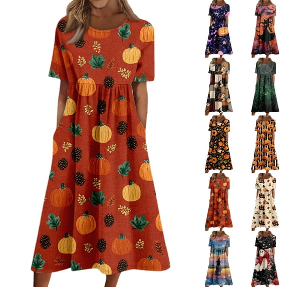 Women's Round Neck Halloween Patchwork Print Dress with Pockets Short Sleeve Loose Midi Dress Casual Fall Outfit for Daily Wear Saffron M