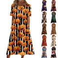thumbnail image 1 of Women's Round Neck Halloween Patchwork Print Dress with Pockets Short Sleeve Loose Midi Dress Casual Fall Outfit for Daily Wear Yellow L, 1 of 6