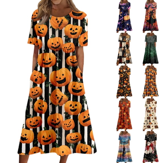 Women's Round Neck Halloween Patchwork Print Dress with Pockets Short Sleeve Loose Midi Dress Casual Fall Outfit for Daily Wear Yellow L