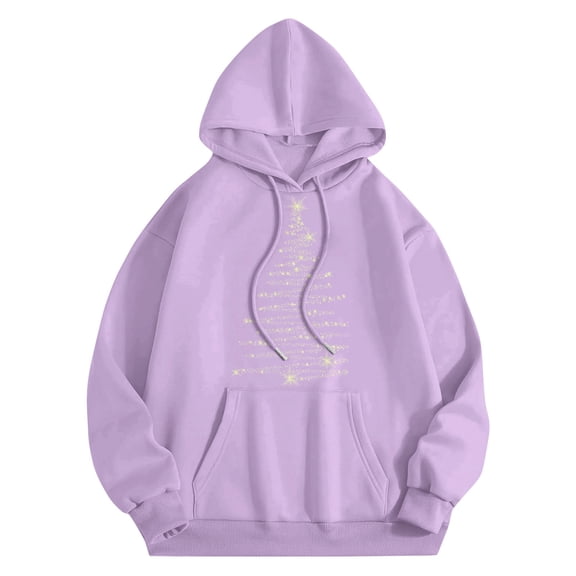 Women's Round Neck Long Sleeve Casual Christmas Print Top Hooded Sweatshirt for Fashionable Holiday Outfits and Comfortable Wear,Light Purple,S