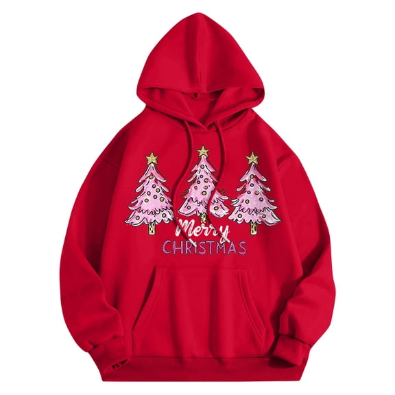 Women's Round Neck Long Sleeve Casual Printed Top Hooded Sweatshirt with Christmas Tree Print - Holiday Themed Women's Hoodie for Casual Comfort,Red,S