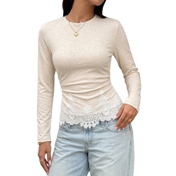 Women's Round Neck Long Sleeve Fitted Top with Scalloped Lace Hem Color S
