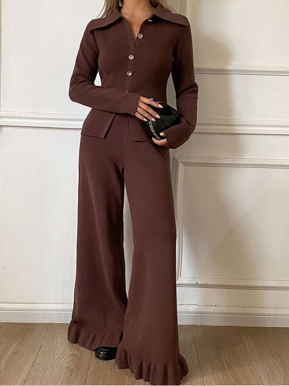 Women's Round Neck Long Sleeve Knit Sweater & Ribbed Pants Two Piece Set