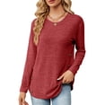 thumbnail image 1 of Women's Round Neck Long Sleeve Loose Button T-Shirt Top, 1 of 3