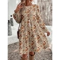 thumbnail image 1 of Women's Round Neck Long Sleeve Midi Dress Loose Fit Floral Casual Fall Winter, 1 of 5