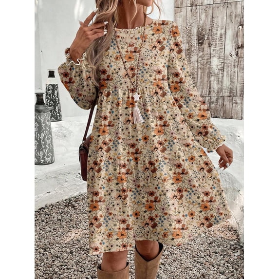 Women's Round Neck Long Sleeve Midi Dress Loose Fit Floral Casual Fall Winter