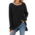 thumbnail image 1 of Women's Round Neck Long Sleeve Ribbed Brushed Slit T-Shirt Top, 1 of 3