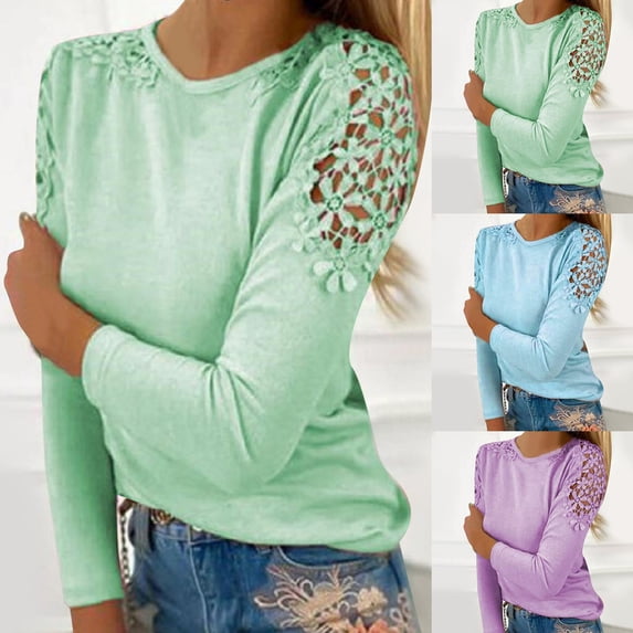 Women's Round Neck Long Sleeve T Shirt Solid Color Hollow Sleeve Stitching Lightweight Casual Daily Top by Yigetop Blue L