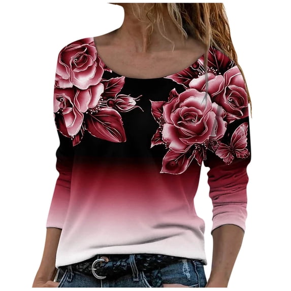 Women's Round Neck Long Sleeve Tops T Shirts Gradient Color Recreational Regular Fit Fall Casual Basic Tops (XX-Large, Red)