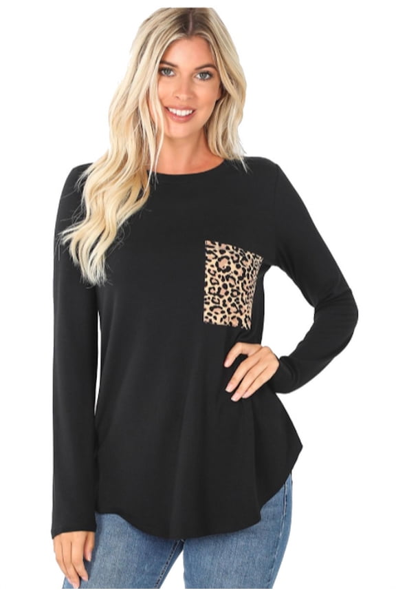 Women's Round Neck Long Sleeve w/Leopard Pocket, Perfect Fit Tee Shirt Top