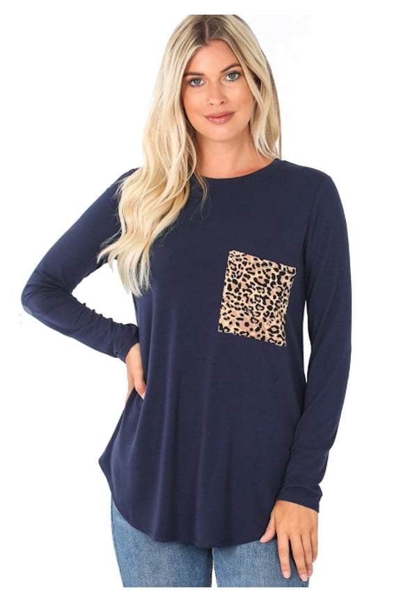 Women's Round Neck Long Sleeve w/Leopard Pocket, Perfect Fit Tee Shirt Top
