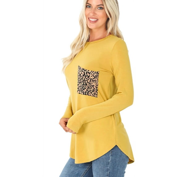 Women's Round Neck Long Sleeve w/Leopard Pocket, Perfect Fit Tee Shirt Top