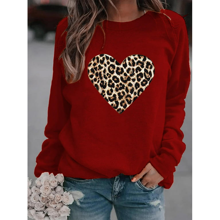 Women's Round Neck Long-sleeved Leopard Print Heart-shaped Hooded Sweater  Top 