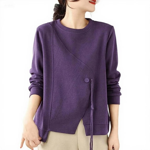 Women's Round Neck Loose Solid Color Casual Patchwork Top Long Sleeve Sweatshirt