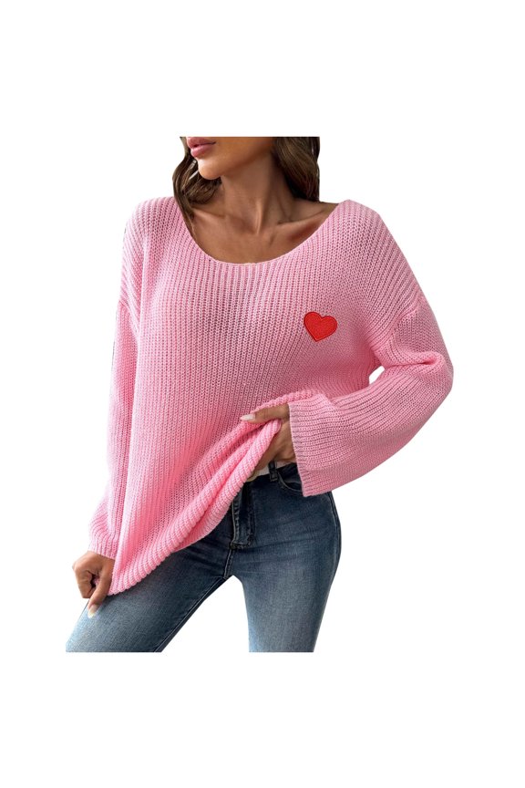 Women's Round Neck Love Jacquard Sleeve Sweater, Loose Fit Knit Pullover for Autumn Winter