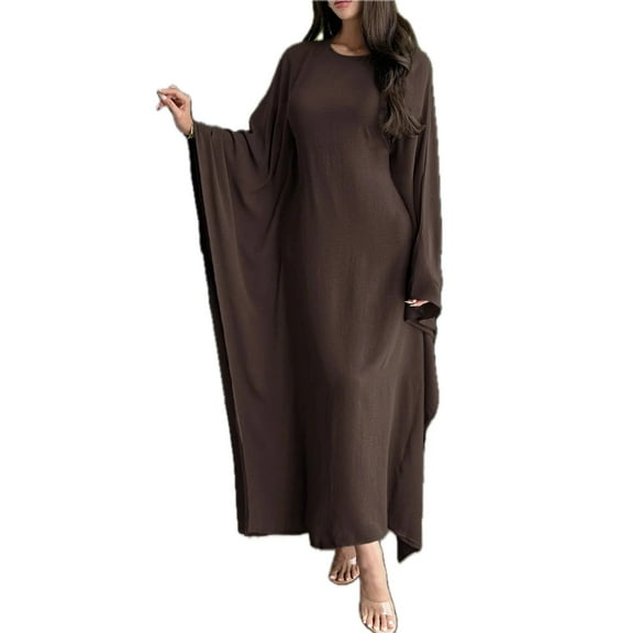 Women's Round Neck Maxi Dress with Flowing Cape Sleeves 100% Polyester Elegant Floor Length Chic Dress for Evening Wear
