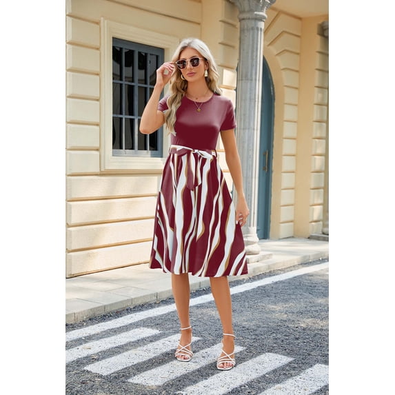 Women's Round Neck Patchwork Print Short Sleeve Wide Swing Dress