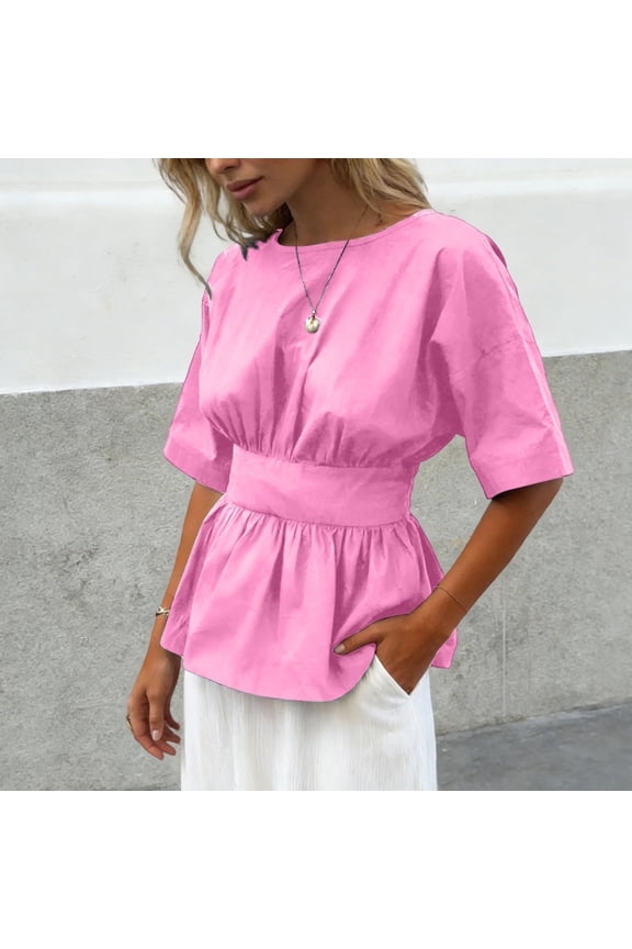 Women's Round Neck Peplum Blouse, Short Sleeve Elastic Waist-Cinched Casual Top Pink M