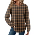 thumbnail image 1 of Women's Round Neck Plaid Print Long Sleeve Casual Loose Fit Basic Top Fall Winter Trendy Outings Everyday Stylish Looks Casual Loose Top Coffee M, 1 of 5