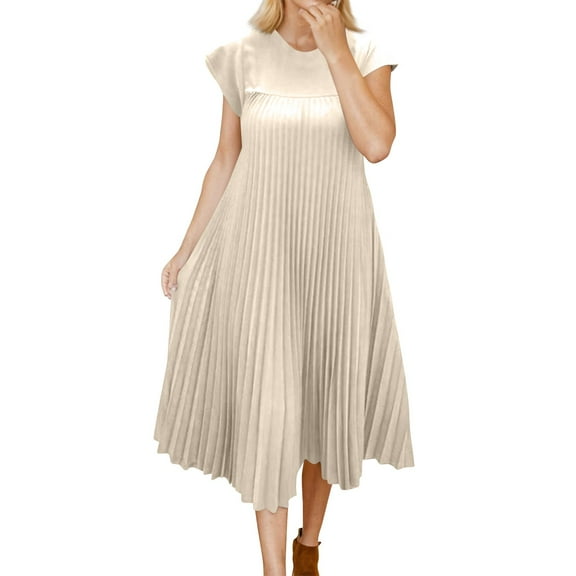 Women's Round Neck Pleated Maxi Dress Sleeveless Formal Evening Dress with Side Slits and Beaded Neckline for Gala Dinners,Beige L