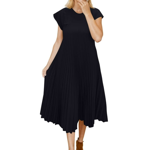 Women's Round Neck Pleated Maxi Dress Sleeveless Formal Evening Dress with Side Slits and Beaded Neckline for Gala Dinners,Black M