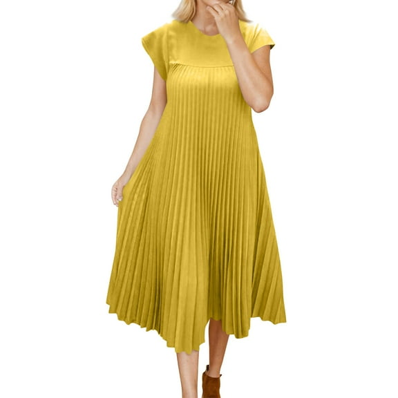 Women's Round Neck Pleated Maxi Dress Sleeveless Formal Evening Dress with Side Slits and Beaded Neckline for Gala Dinners,Yellow S