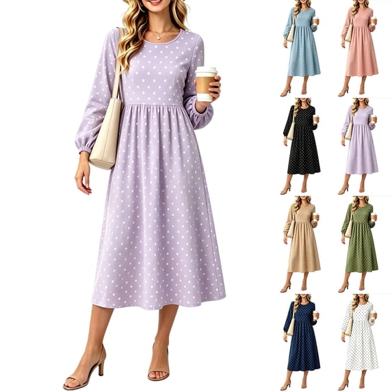 Women's Round Neck Polka Dot Midi Dress, Long Elastic Cuff Puff Sleeve High Waist Flowy Casual Dress, Elegant Daily Office Dating Swing Dress
