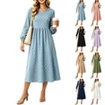 thumbnail image 1 of Women's Round Neck Polka Dot Midi Dress, Long Elastic Cuff Puff Sleeve High Waist Flowy Casual Dress, Elegant Daily Office Dating Swing Dress, 1 of 3