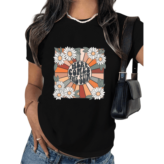 Women's Round Neck Printed Cotton T Shirt Graphic Tees Top Color Sun Daisy Text Casual Loose T Shirt Black S-5XL