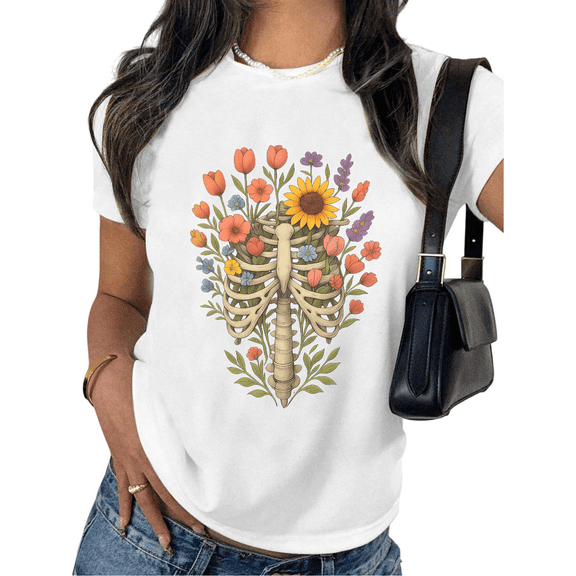 Women's Round Neck Printed Cotton T Shirt Graphic Tees Top Colorful Flower Bone Chest Casual Loose T Shirt White S-5XL