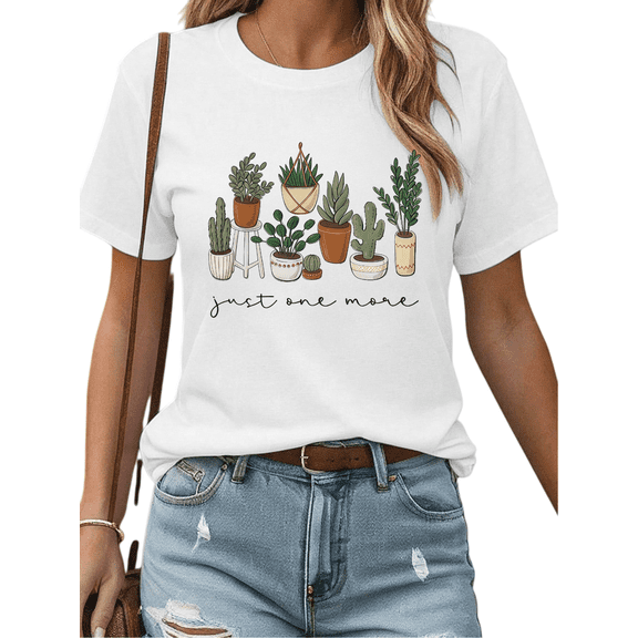 Women's Round Neck Printed Cotton T Shirt Graphic Tees Top Green Potted Plant Text Casual Loose T Shirt White S-5XL