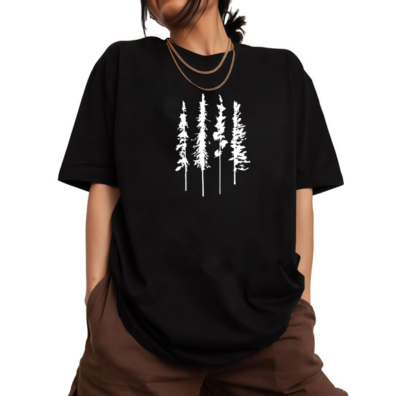 Women's Abstract Pine Tree Graphic Cotton T Shirt Casual Breathable Short Sleeve Round Neck Top Black S-5XL