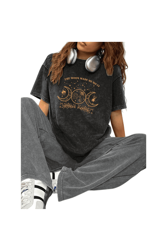 Women's Round Neck Printed Cotton Washed T Shirt Graphic Tees Top Black Gold Moon Star Pattern Casual Loose T Shirt Black S-2XL Plus Size