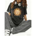 thumbnail image 1 of Women's Round Neck Printed Cotton Washed T Shirt Graphic Tees Top Black Yellow Cartoon Sun Pattern Casual Loose T Shirt Black S-2XL Plus Size, 1 of 5