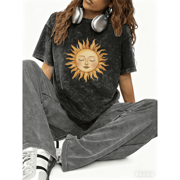 Women's Round Neck Printed Cotton Washed T Shirt Graphic Tees Top Black Yellow Cartoon Sun Pattern Casual Loose T Shirt Black S-2XL Plus Size
