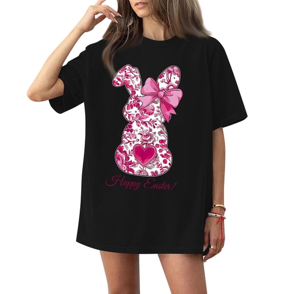 Women's Round Neck Printed Short Sleeve T-Shirt Top, Easter Themed Casual Tee for Girl Groups, Street Style, and Relaxed Weekend Wear,Black,S