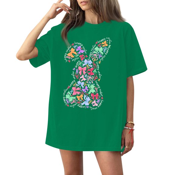 Women's Round Neck Printed Short Sleeve T-Shirt Top, Easter Themed Casual Tee for Girl Groups, Street Style, and Relaxed Weekend Wear,Green,L