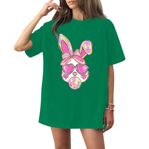 Women's Round Neck Printed Short Sleeve T-Shirt Top, Easter Themed Casual Tee for Girl Groups, Street Style, and Relaxed Weekend Wear,Green,XL