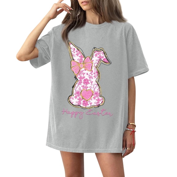 Women's Round Neck Printed Short Sleeve T-Shirt Top, Easter Themed Casual Tee for Girl Groups, Street Style, and Relaxed Weekend Wear,Light Gray,XL