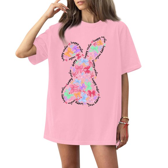 Women's Round Neck Printed Short Sleeve T-Shirt Top, Easter Themed Casual Tee for Girl Groups, Street Style, and Relaxed Weekend Wear,Pink,L
